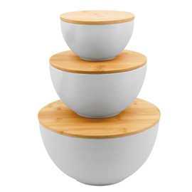 ECOWAY Salad Bowl Set of 3 with Bamboo Wooden Lids, Mixing Bowls Set, Nesting Bowls for Space Saving Storage, Made with Durable Eco-Friendly Bamboo Fiber, Great for Prepping and Serving Food, Grey