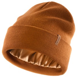 FURTALK Satin Lined Beanie for Women Men Knit Beanie Hat Acrylic Winter Hats Warm Slouchy Skull Cap Caramel