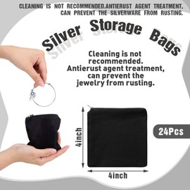 Geosar 24 Pcs Silver Storage Bags, Christmas Anti Tarnish Jewelry Zippered Pouches Keeper, for Silverware Protector Bags(4 x 4 Inch,Black)