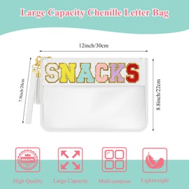 BOUBONI Chenille Letter Bag Clear Stuff Bag Flat Pouch Nylon and PVC Clear Cosmetic Bags Travel Makeup Bag Clear Zipper Pouches Toiletry Bag With Wristlet for Women Girls (White-Snacks)