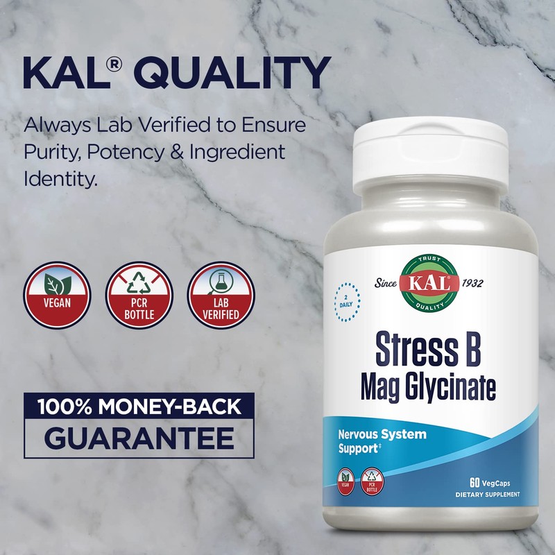 KAL Stress B Mag Glycinate, B Complex Vitamins Plus Magnesium,