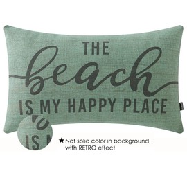 TRENDIN Beach Themed Throw Pillow Covers 20x12 inch The Beach is My Happy Place Lumbar Pillowcase Retro Nautical Decorations Linen Cushion Cover for Sofa Couch PL663TR