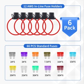 6 Pack Inline Fuse Holder 12V, Upgraded 12 AWG Waterproof Fuse Holder with 66 Pcs Standard Car Fuses (2A/3A/5A/7.5A/10A/15A/20A/25A/30A/35A/40A), YNZDRWA in Line Fuses Holders 12v for Marine Auto