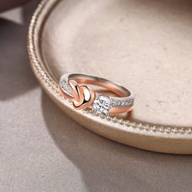 EVER FAITH Bride Love Heart Promise Ring for Bride, Round Cubic Zirconia Two Tone Intertwined Engagement Ring Valentine Gift for Women Size 7, Cubic Zirconia, Cubic Zirconia