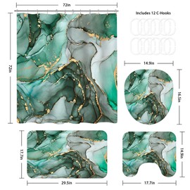 BayNook 4PCS Emerald Green Marble Bathroom Sets with Shower Curtain and Rugs, Abstract Shower Curtain Sets with Rugs, Gold Bathroom Curtains Shower Set with Toilet Lid Cover Accessories