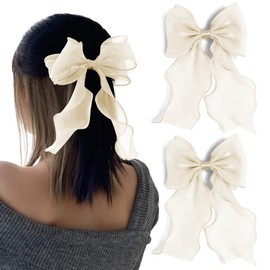 Extra Large Satin Hair Bows Big French Coquette Hair Clips(2P Off-White) Barrettes for Women & Girls Thick Hair,Weddings,Gifts
