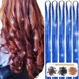 AIFIHIYI Hair Tinsel Kit with Tools 48 Inch 1200 Strands Blue Tinsel Hair Extensions Fairy Hair Tinsel Kit, Sparkling Shinny Glitter Tensile Hair Extensions for Women Girls (Sapphire Blue)