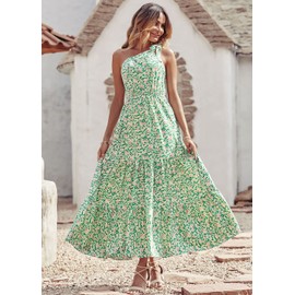 PRETTYGARDEN Women's Summer Floral Maxi Dress Knot One Shoulder Sleeveless Ruffle Flowy Boho Beach Wedding Guest Dresses(Green White,Small)