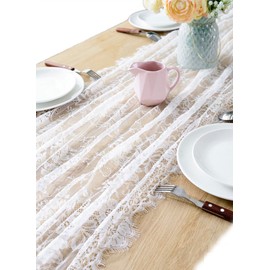 BOXAN 30x120 Inch Gorgeous White Lace Tablecloth Overlay Rose Vintage Embroidered, Romantic Boho Wedding Reception Table Decor, Baby & Bridal Shower Décor, Elegant Chic Outdoor Tea Party Tablecover