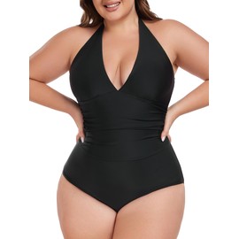 Ocean Blues Women's Black Plus Size One Piece Swimsuit V-Neck Bathing Suit Tummy Control Swimwear Size Medium