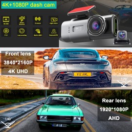 T9 Dash cam,2" IPS Screen, 4K+1080P Front and Rear Dual Lens HD Car Camera Recorder Night Vision，WiFi App Control with Built-in GPS Dash Camera,Free 64G SD Card for Dashcam