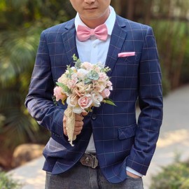 Men Bowtie and Handkerchief Set, Unisex Design Bow Tie and Pocket Square For Business Formal Tuxedo or Wedding M-B-T9 (Pink)