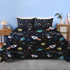 Pamnest Quilt Set Twin Size, Space Moon Universe 2 Pcs Soft Bed Cover Bedding Set for Kids and Adults, Rockets Planets Stars Lightweight Bedspread Coverlet with Pillow Sham for All Season