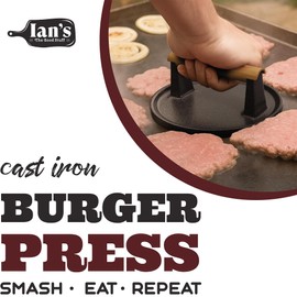 Ian's Smash Burger Press 6.5" Cast Iron Hamburger Press Heavy Duty - Burger Smasher Griddle Press, Meat Press, Makes Great Gift for Dad - Wood Handle