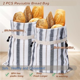 Bartthysn [2Pcs]Reusable Linen Bread Bags for Homemade, Large Plastic Lined/Blue stripe Sourdough Bread storage Bags Supplies(16x12”)