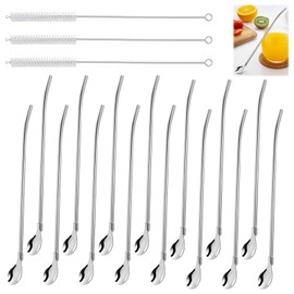 HAYGEM Pack of 15 Dual Purpose Straws Stainless Steel with Spoon, Latte Macchiato Spoon with Cleaning Brush, Reusable Straw Spoon, for Sucking and Stirring Juices, Drinks, Coffee