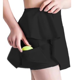 Okdance Pleated Tennis Skirt with Shorts for Girls, High Waist Summer Sport Skorts Girl Golf Midi Skirts with 2 Pockets Athletic Tennis Outfit for Running Daily Black