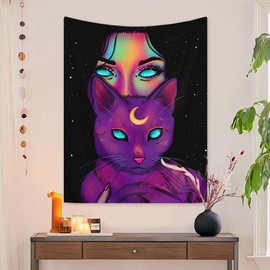 1 Count Fashionable Woman & Cat Pattern Tapestry, Wall Hanging Decor for Living Room Bedroom, Home Decor Tapestry - Color: Purple, Specification: W59*L78inch/150*200cm