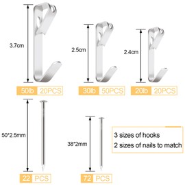 184 Pieces Picture Hanging Kit, 20lb, 30lb, and 50lb Picture Hangers, Metal Picture Hanging Hooks with Nails, on Drywall, Wooden Wall (Silver)