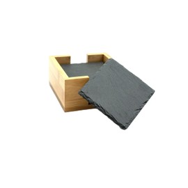 LivuX Set of 6 Slate Coasters in Wooden Box, Black, 10 x 10 cm, Material Thickness 4-6 mm, Square Drink Coasters, Natural Stone Table Decoration 1125