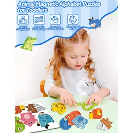 Large Size! Animals Fridge Magnets Alphabet Letters for Toddlers 1-3, 52PCS, ABC Magnets Toys, Magnetic Puzzles and Letters for Associative Memory, Educational Toys for 3 4 5 6, Gift for Boys Girls