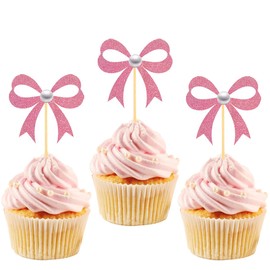 24Pcs Pink Bow Cupcake Toppers Pink Bow Birthday Decorations for Coquette Bridal Baby Shower Wedding Themed Party Decorations Supplies (bow)