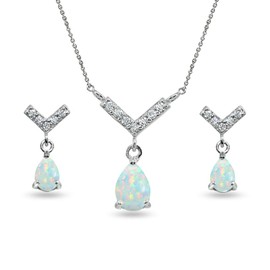 B. BRILLIANT Sterling Silver Synthetic White Opal Teardrop V Design Arrow Necklace & Dangle Earrings Set