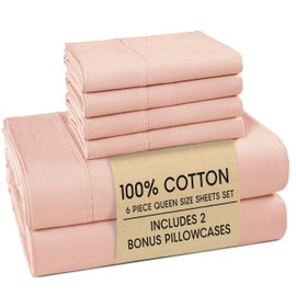 Casa Platino 100% Cotton Sheets Queen Size Set - 6 Pieces (1 Flat, 1 Fitted, 4 Pillowcases) - Soft & Breathable Percale Weave - Cooling Bed Sheets with Deep Pockets - Queen Sheet Set - Veiled Rose