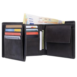 KORUTA Koruta Men's Leather Wallet with RFID Protection, Large Genuine Leather Wallet, 13 Compartments, Wallet for Men, Wallet Made of Genuine Leather, Black (Hunter), Landscape