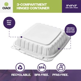 CIAO! 9"x9"x3" MFPP White Hinged Container With Lid 3 Compartment (Case of 150)