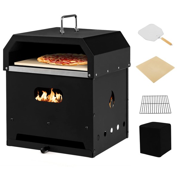 COSTWAY 4-in-1 Outdoor Pizza Oven, 2-Layer Detachable Grill Oven and Fire Pit With Pizza Stone, Pizza Peel, Cover & Cooking Grill Grate, Wood Fired Pizza Maker