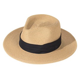 LolliWeaver Womens Mens Wide Brim Straw Panama Hat Fedora Summer Beach Sun Hat Straw Hat Teardrop Crown Khiki with Black Ribbon Medium to Large