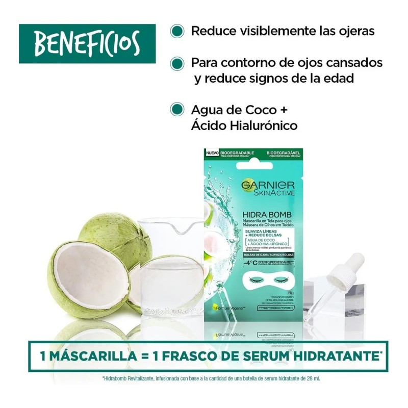🔥 Mascarilla para ojos garnier hydra bomb ácido hialurónico 6g