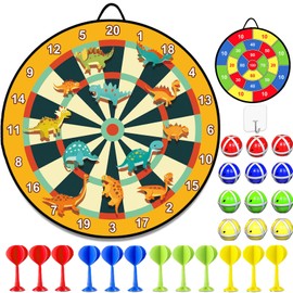 29 Inch Dartboard for Children, Double-Sided Dinosaur Toy Velcro Dartboard with 12 Sticky Balls and 12 Darts, Indoor and Outdoor Throwing Game Set for Children, Large and Small Birthday Gifts
