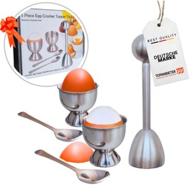 TOPANBIETER 999 Stainless Steel Egg Topper Set of 5 - Egg Opener with 2 Egg Cups & 2 Spoons - Egg Cracker, Egg Opener, Egg Shell Cutter, Egg Slicer, Kitchen Aid for Breakfast Egg