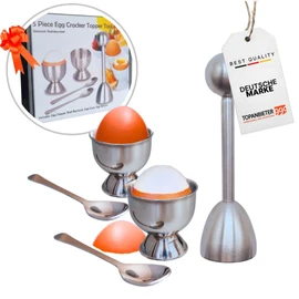TOPANBIETER 999 Stainless Steel Egg Topper Set of 5 - Egg Opener with 2 Egg Cups & 2 Spoons - Egg Cracker, Egg Opener, Egg Shell Cutter, Egg Slicer, Kitchen Aid for Breakfast Egg