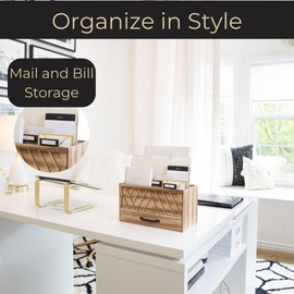 Three-Tier Natural Wood Desktop Mail Organizer for Home with Black Label Holders and Drawer with Black Handle - Countertop Mail Basket Letter Holder - Office Workspace Organization by Blu Monaco