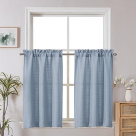 Chyhomenyc Bennet 2 Panels Aqua Kitchen Curtains 36 Inch Length Tier Curtains, Faux Linen Textured Small Cafe Curtains, Light Filtering Short Window Curtains for Bathroom Basement, 30x36 inch