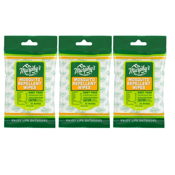 Murphy's Naturals Mosquito Repellent Wipes | DEET Free | Made with Plant Based Essential Oils | Includes Citronella + Lemongrass | Easy to Use | Great for Family | Travel Sized | 10 Wipes | 3-Pack