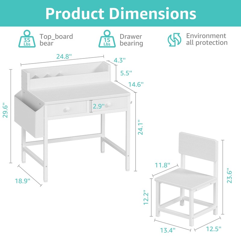 BOLUO White Kids Desk and Chair Set for 5-8 Year