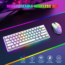 A.JAZZ Wireless Gaming Keyboard and Mouse Combo with 61 Key TKL Rainbow LED Backlight Rechargeable 4000mAh Battery Mechanical Feel Anti-ghosting Ergonomic Waterproof RGB Mute Mice for Win/Mac (White)