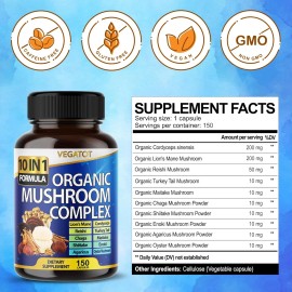VEGATOT 10 in 1 High Strength Mushroom Supplement - Lions Mane