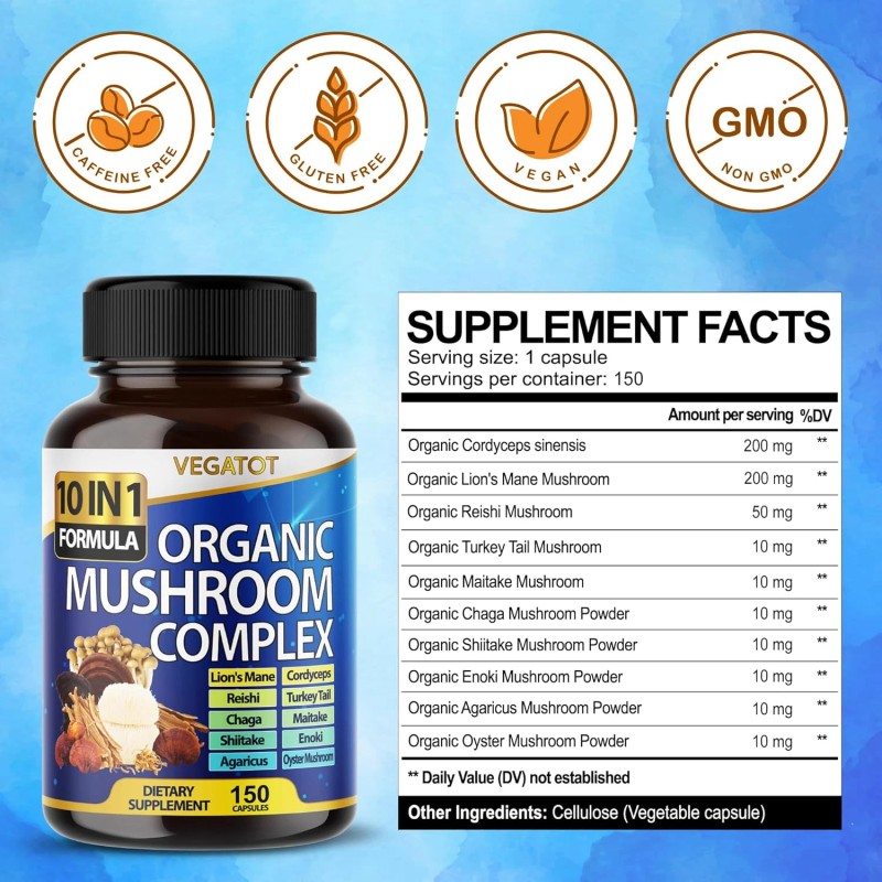 VEGATOT 10 in 1 High Strength Mushroom Supplement - Lions