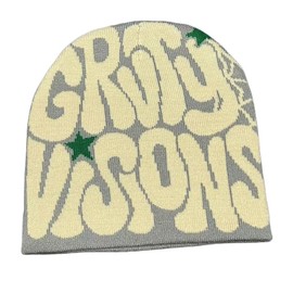 CORIRESHA Unisex Adult Y2k Beanie Spider Web Graphic Letter Knitted Hats Winter Warm Caps, Grey Beige, One Size