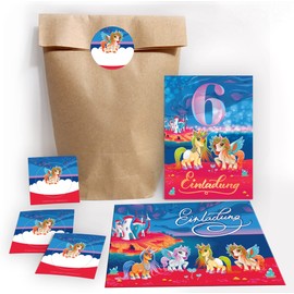 JuNa-Experten 12 Invitation Cards for 6th Children's Birthday Girls Unicorn Invitations for Sixth Birthday Includes 12 Envelopes, 12 Bags / Natural, 12 Stickers