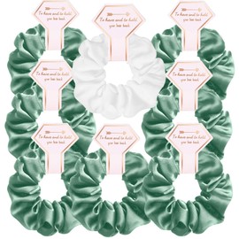 1+7 Pack Bridesmaid Scrunchies,Elastic Silk Hair Ties for Women,Wedding Bachelorette Party Favors Scrunchies,Bridesmaid Gift (Green)
