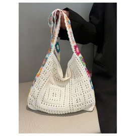 QWINEE Women's Boho Embroidery Crossbody Bag Hollow Out Crochet Knit Shoulder Bag Tote Handbag Beige One Size