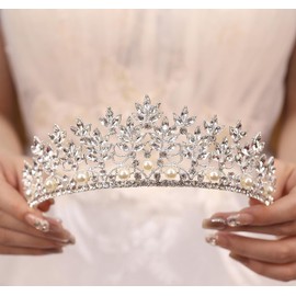 Rannyrena Silver Crystal Crown Tiara for Women Glitter Rhinestone Bridal Wedding Crowns Headband with Pearl Princess Quinceanera Headpieces for Birthday Prom Pageant Party (02Silver-white, Standard)