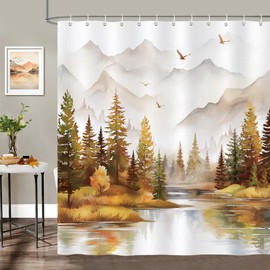 Bonhause Shower Curtain Misty Forest Watercolour Tree Mountain Nature Orange Shower Curtains 180 x 180 cm Anti-Mould Waterproof Polyester Fabric Washable Bathroom Curtain for Bathroom with 12 Hooks