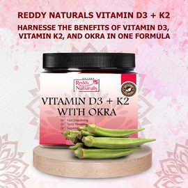 Reddy Naturals Aryana Vitamin K2 + D3 with Okra Powder – Soluble Fiber Supplement for Digestion, Heart, Bone & Immune Health - Aids in Calcium Absorption - Fast-Dissolving Formula - 4.2 OZ (120 G)